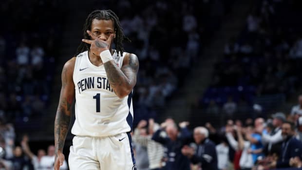 Penn State's Ace Baldwin Jr. reacts after making a key second-half 3-pointer in the Nittany Lions' 83-20 win over Ohio State at the Bryce Jordan Center.